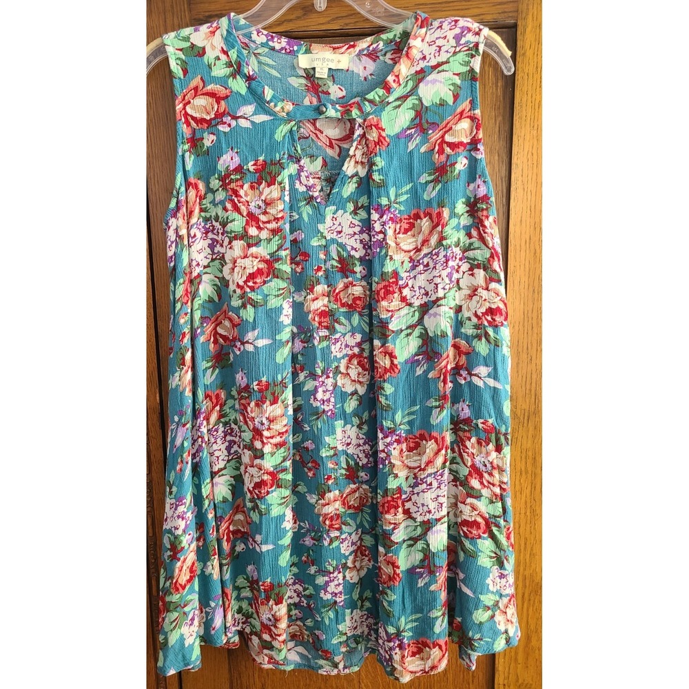 UMGEE Tank Top Multicolor Crinkle Floral Printed Keyhole Neck Sleeveless Size XL
